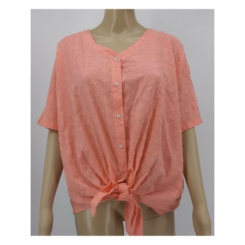 STYLE & COMPANY Womens Coral Short Sleeve V Neck Button Up Top Size: S - Picture 1 of 2